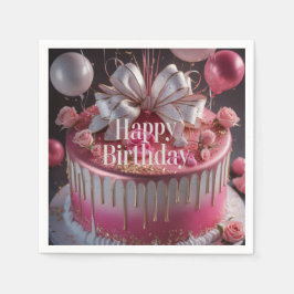Serviette En Papier Elegant Pink & Gold Birthday Cake Design
