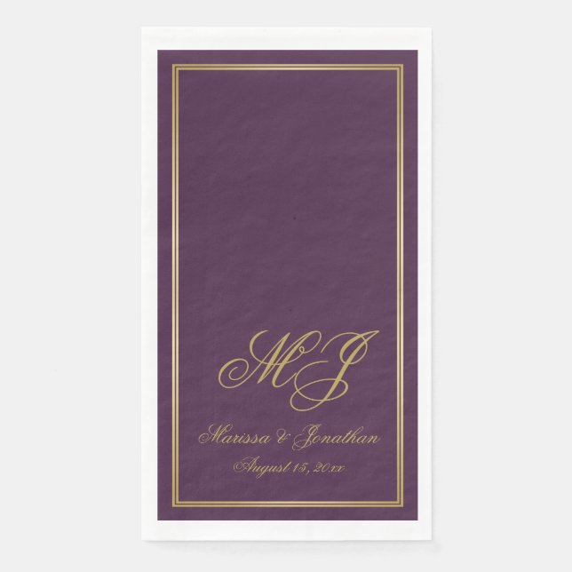 Serviette En Papier Élégant Plum violet or Monogramme Mariage de scrip (Devant)