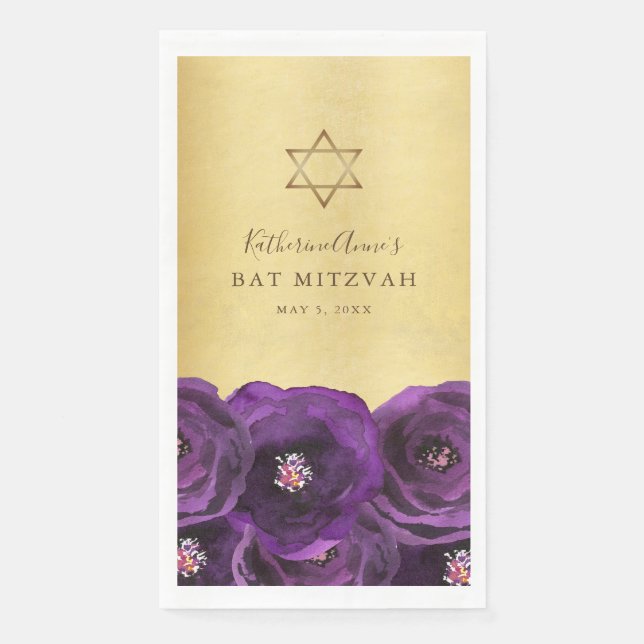 Serviette En Papier Elegant Purple Rose Floral Gold Bat Mitzvah (Devant)
