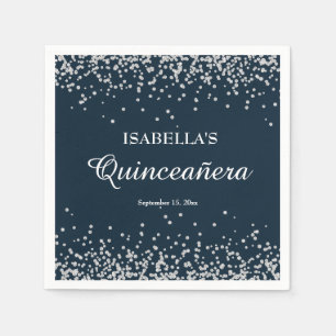 Serviette En Papier Elégant Quinceanera bleu marine pailleté argent