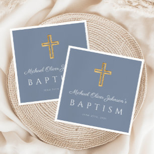 Serviette En Papier Elegant Religious Cross Dusty Blue Boy Baptism