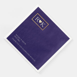 Serviette En Papier Élégant romantique Mariage bleu foncé Monogramme
