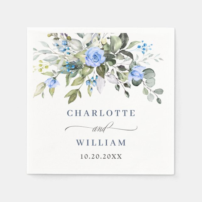 Serviette En Papier Elégant Rose bleu Eucalyptus Mariage floral  (Devant)