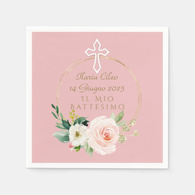 Serviette En Papier Élégant rose Blush Floral Blanc Croix Baptême (Devant)