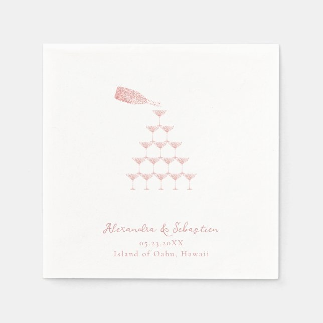 Serviette En Papier Élégant Rose Champagne Tour Mariage Script (Devant)