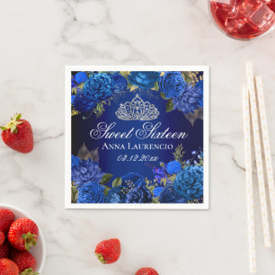 Serviette En Papier Elégant Rose Floral Bleu Sweet sixteen Anniversair