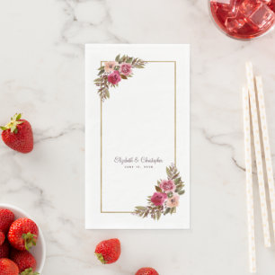 Serviette En Papier Élégant Rose Floral Gold Mariage métallique Blanc