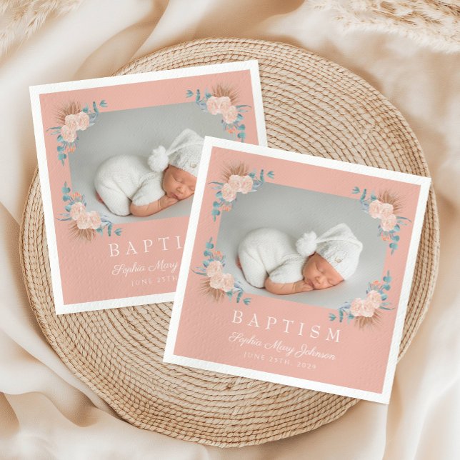 Serviette En Papier Élégant rose florale fille Baptême photo (Elegant Pink Floral Girl Baptism Photo Napkins)