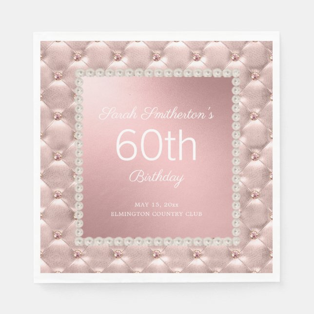 Serviette En Papier Elégant Rose Gold Pink perles touffetées 60e anniv (Devant)