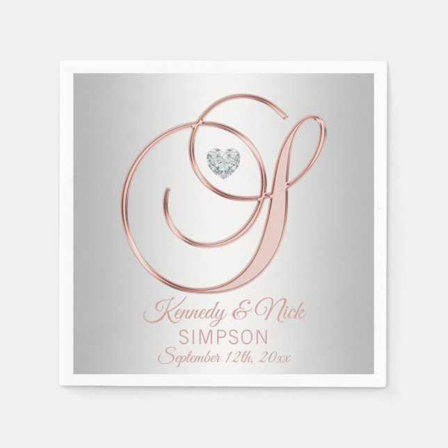 Serviette En Papier Elégant Rose gris argent personnalisé Mariage or (Devant)