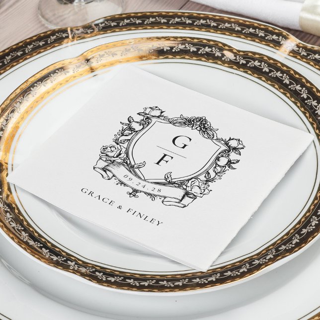 Serviette En Papier Élégant Rose Monogram Crest Mariage (Créateur téléchargé)