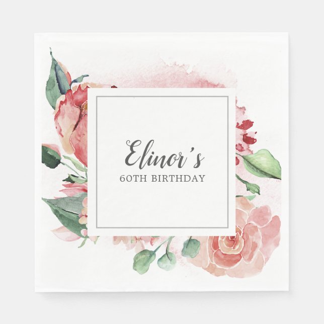 Serviette En Papier Élégant rose rose florale 60e anniversaire (Devant)