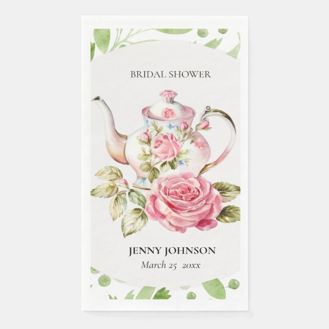 Serviette En Papier Élégant Rose Vert Floral Fleurs Mariage (Devant)