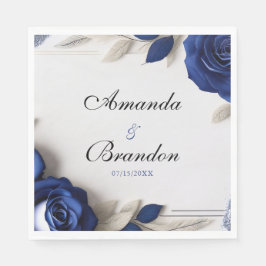 Serviette En Papier Elégant Roses bleu marine et Mariage Parties scint