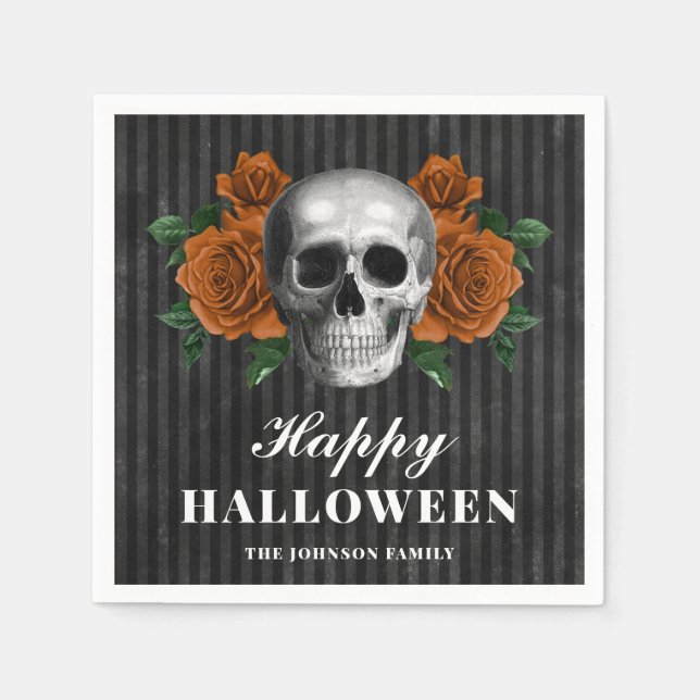 Serviette En Papier Élégant Roses gothiques et crâne Halloween heureux (Devant)