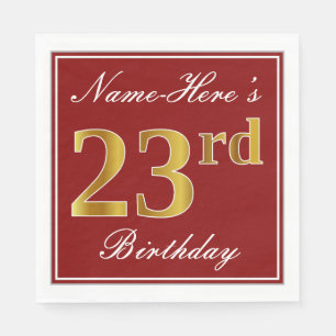 Serviette En Papier Elégant Rouge, Faux Gold 23ème Anniversaire + Nom 
