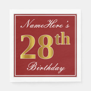 Serviette En Papier Elégant Rouge, Faux Gold 28ème Anniversaire + Nom 