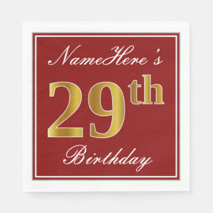 Serviette En Papier Elégant Rouge, Faux Gold 29ème Anniversaire + Nom 