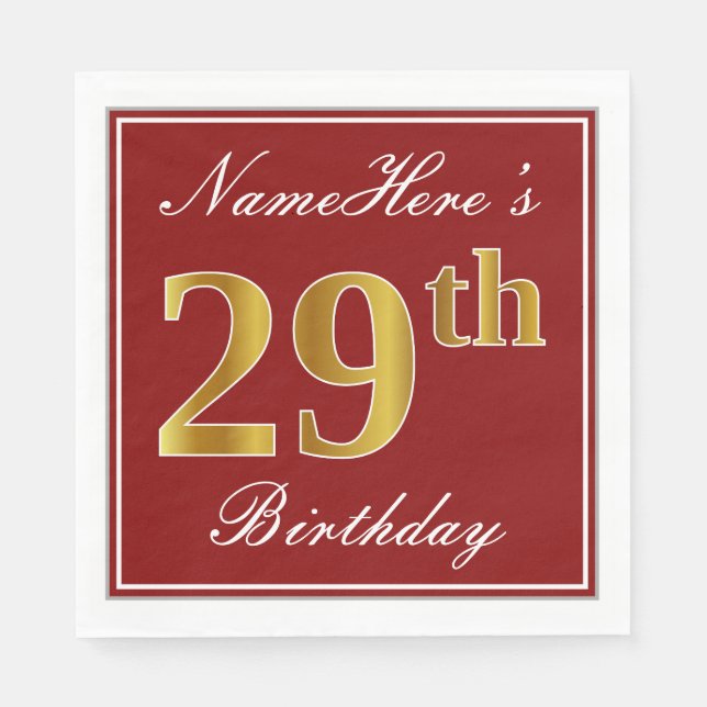 Serviette En Papier Elégant Rouge, Faux Gold 29ème Anniversaire + Nom  (Devant)