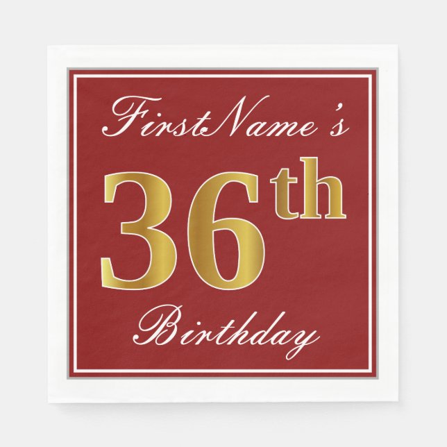 Serviette En Papier Elégant Rouge, Faux Gold 36ème Anniversaire + Nom  (Devant)