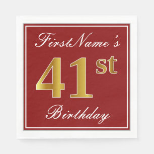 Serviette En Papier Elégant Rouge, Faux Gold 41ème Anniversaire + Nom 