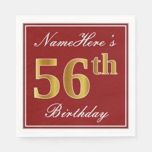 Serviette En Papier Elégant Rouge, Faux Gold 56e Anniversaire + Nom pe