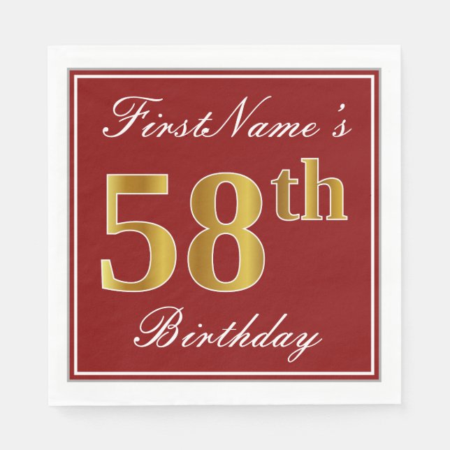 Serviette En Papier Elégant Rouge, Faux Gold 58ème Anniversaire + Nom  (Devant)