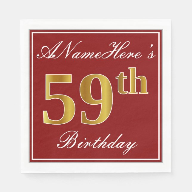 Serviette En Papier Elégant Rouge, Faux Gold 59e Anniversaire + Nom pe (Devant)