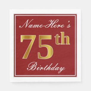 Serviette En Papier Elégant Rouge, Faux Gold 75e anniversaire + Nom p