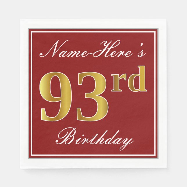 Serviette En Papier Elégant Rouge, Faux Gold 93ème Anniversaire + Nom  (Devant)