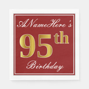 Serviette En Papier Elégant Rouge, Faux Gold 95ème Anniversaire + Nom 