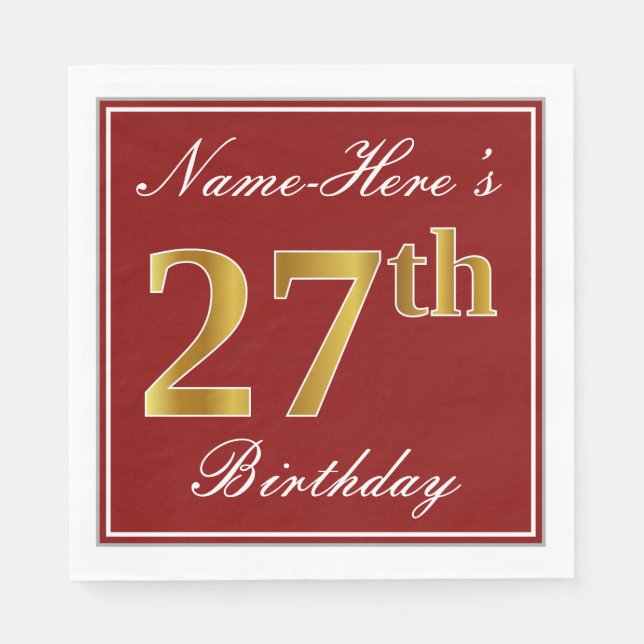 Serviette En Papier Elégant Rouge, Faux Or 27ème Anniversaire + Nom pe (Devant)