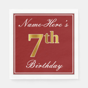 Serviette En Papier Elégant Rouge, Faux Or 7ème Anniversaire + Nom per