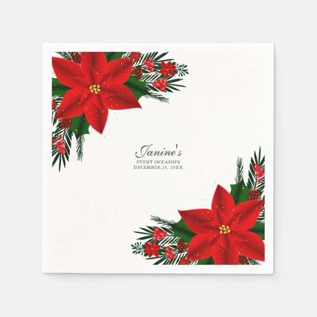 Serviette En Papier Élégant Rouge Floral Poinsettia Pine Feuilles (Devant)