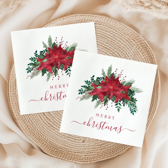 Serviette En Papier Élégant Rouge Poinsettia Floral Script Noël (Elegant Red Poinsettia Floral Script Christmas Napkins)