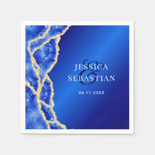 Serviette En Papier Elégant Royal Blue et Gold Agate Mariage