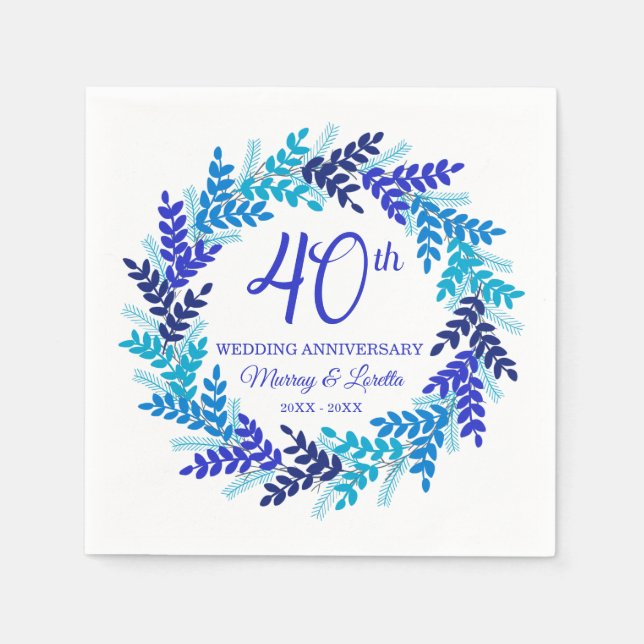 Serviette En Papier Élégant Royal Blue Wreath 40e anniversaire Mariage (Devant)