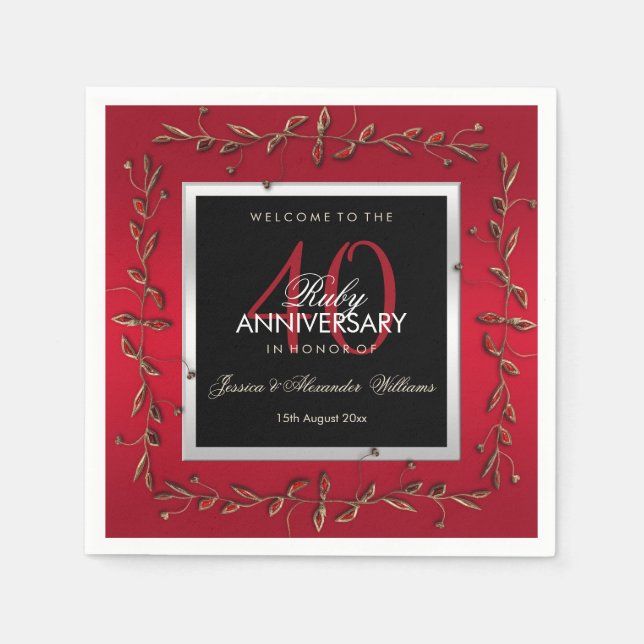 Serviette En Papier Elégant Ruby Gemstones 40e anniversaire de Mariage (Devant)