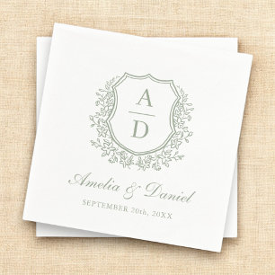 Serviette En Papier Élégant Sage Green Crest Monogram Mariage