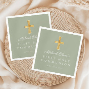 Serviette En Papier Elégant Sage Green Cross Première communion