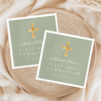 Serviette En Papier Elégant Sage Green Cross Première communion