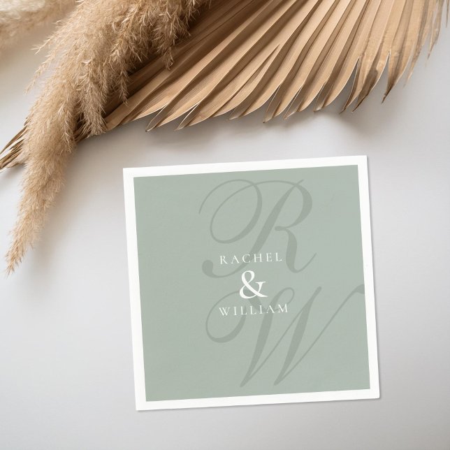 Serviette En Papier Élégant Sage Green Script Monogramme Mariage (Créateur téléchargé)
