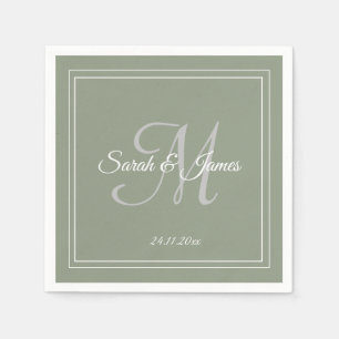 Serviette En Papier Elégant Sage Vert & Blanc Monogramme Mariage Papie