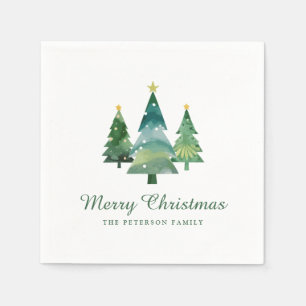 Serviette En Papier Élégant Script Aquarelle Arbres de Noël