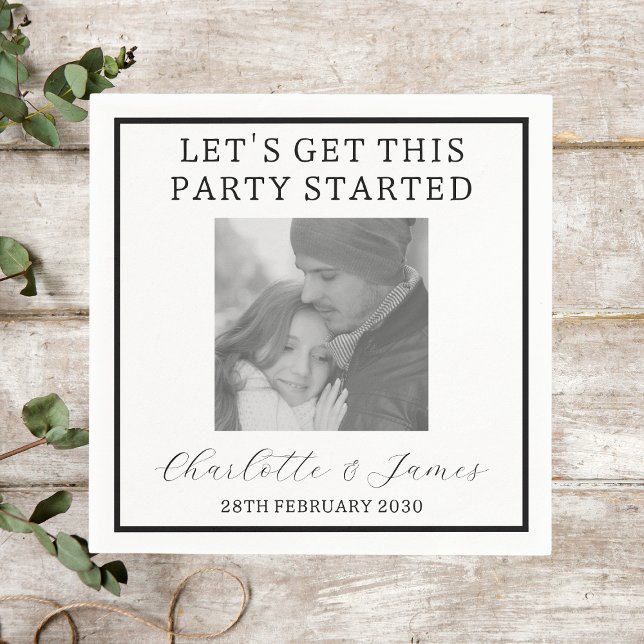 Serviette En Papier Élégant Script Black and White Photo Party (Créateur téléchargé)