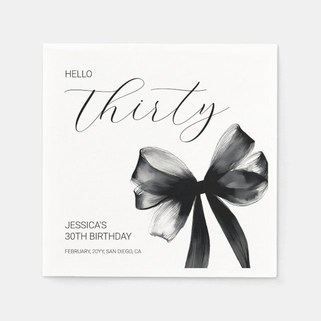 Serviette En Papier Elegant Script Black Bow 30th Birthday Party (Devant)