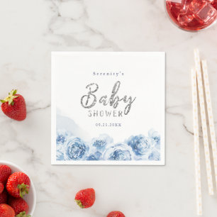 Serviette En Papier Élégant script bleu aquarelle baby shower floral