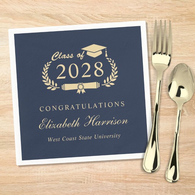 Serviette En Papier Élégant Script Blue Gold Graduation (Créateur téléchargé)