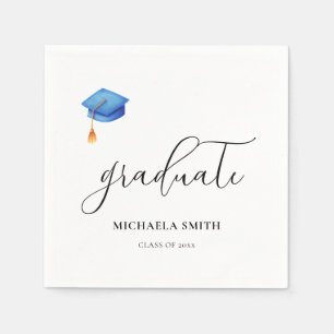 Serviette En Papier Élégant Script Blue Graduate Casquette Graduate Pa