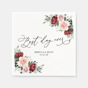 Serviette En Papier Élégant Script Bourgogne Blush Floral Green